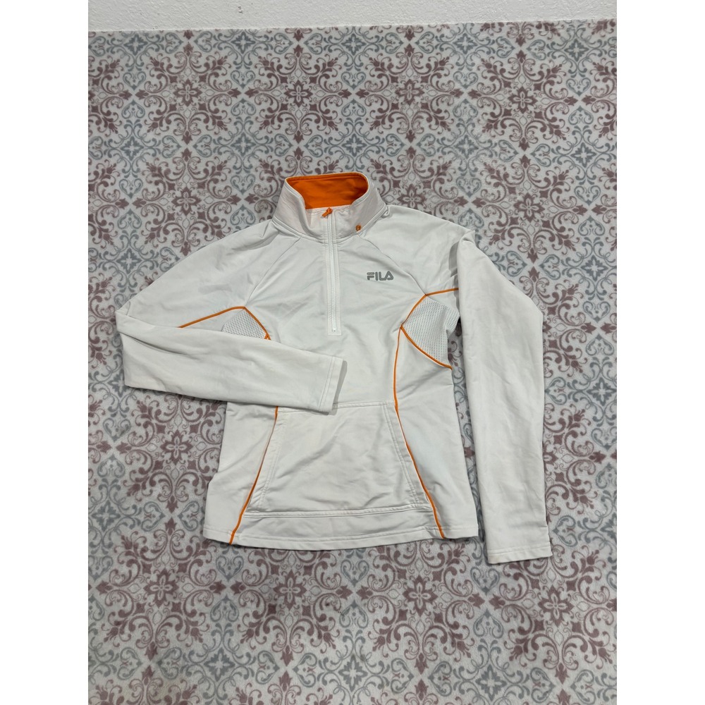 Fila Sport Womens White Orange Quarter Zip Pullover Mesh Activewear Top Small